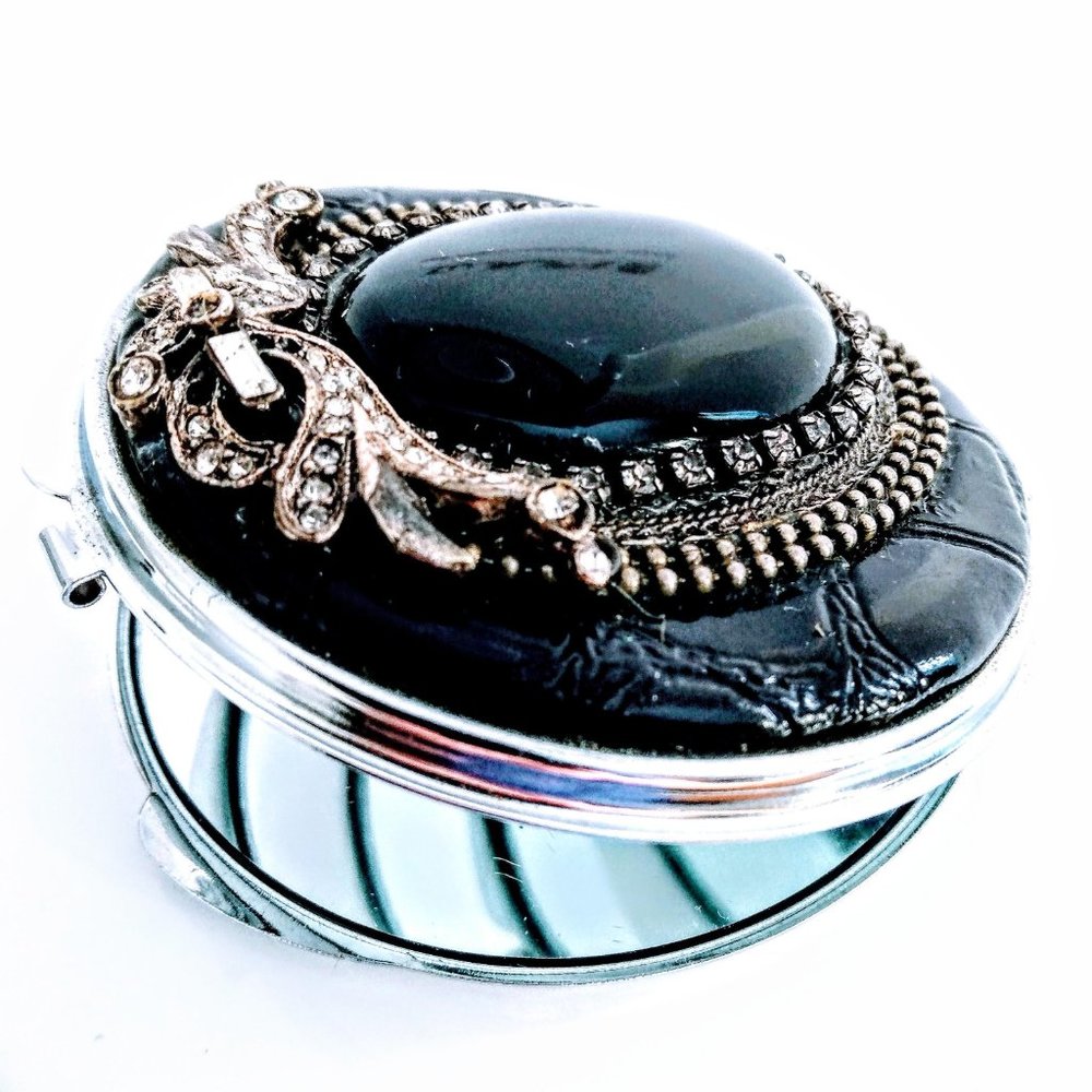 Mirror Compact, embossed Black Croc with Genuine Black Onyx stone. Unique!!